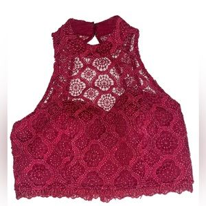 Sequin Hearts - Lace Sequin Crop Top Women’s Size 5 - Red V-Back Scallop Hem